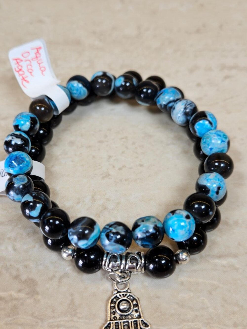 Orca Agate & Black Obsidian Bracelet Set Hamsa Charm Boho Crystal 6mm 8mm